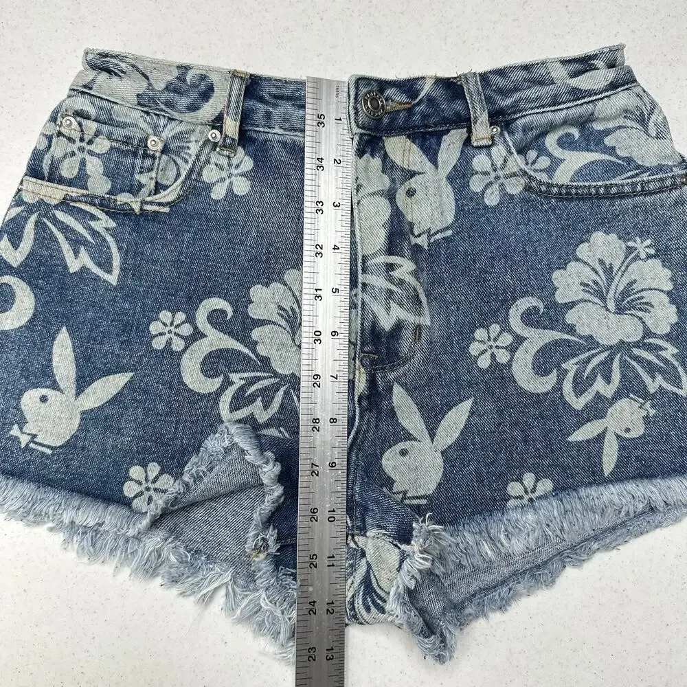 PlayBoy Pacsun Shorts Womens 27 Blue Jean Denim Fringe 90s Grunge Floral Bunny